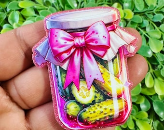 Tarro de pepinillos con base plana: Juego de 2 pepinillos de resina plana, base plana de verduras, cabujón acrílico, adornos para carretes de insignias, resina plana con purpurina.