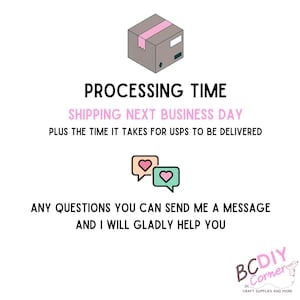 K&ouml;nnte beinhalten: Eine Illustration mit Text zu Bearbeitungs- und Versandzeiten. Oben befindet sich ein grauer Karton mit rosa Klebeband. Darunter steht der Text "BEARBEITUNGSZEIT", "VERSAND AM N&Auml;CHSTEN WERKTAG" und "PLUS DIE ZEIT, DIE USPS BEN&Ouml;TIGT".