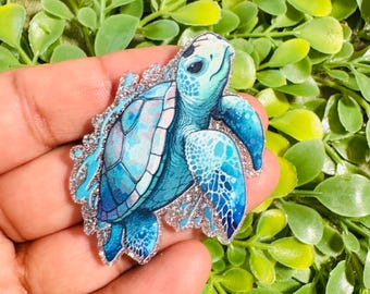 Ocean Turtle Charm: Set/2 turquoise Turtle Acrylic Flatback, Nature Flatback, Badge Reel Toppers, Glitter planar resin, Turtle planar resin