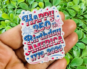 250 aniversario de Estados Unidos, parte trasera plana: Juego de 2 dijes acrílicos patrióticos de 1776, Feliz cumpleaños Estados Unidos, parte trasera plana, dije rojo, blanco y azul, adornos para carretes de insignias.