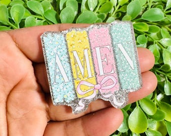 Amén pastel plano: Set/2 dije acrílico de fe, adorno para carrete de insignias, resina plana con purpurina, dije cristiano para hacer tú mismo, parte trasera plana religiosa.