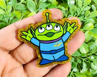 Green alien Acrylic flatback: Set/2 Toy Story Acrylic charm, Badge Reel Topper, hair bow center, cartoons planar resin.