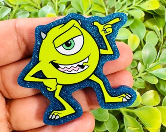 Monster Acrylic flatback: Set/2 Mike one eye Acrylic charm, Monsters Flatback, Badge Reel Toppers, Glitter planar resin, Hair bow center.