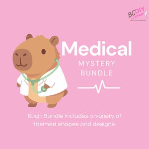 May include: A pink background with a cartoon capybara wearing a doctor's coat and stethoscope. Text reads "Medical Mystery Bundle" with a heartbeat line graphic. The text "Each Bundle includes a variety of themed shapes and designs" is also present.