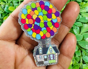 Up adventure flatback: Set/2 Balloons house Flatback, flying house Flatback, Badge Reel Toppers, Glitter planar resin, up acrylic charm.