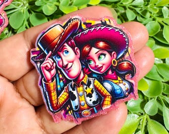 Amuletos acrílicos planos de vaquero: Juego de 2 dijes acrílicos de dibujos animados, adorno para carrete de insignias, resina plana mágica, resina plana con purpurina, dije de lazo para el cabello.