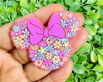 Cabeza de ratón plana: Set/2 Figura de Minnie Mouse Acrílico, flores de ratón planas, adornos para carretes de insignias, resina plana con purpurina, dije de Minnie Mouse