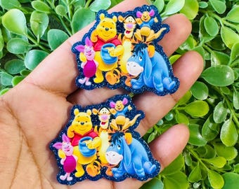 Pooh and friends flatback: Set/2 Winnie Pooh Flatback, Badge Reel Toppers, Glitter planar resin, Bow center, DIY charm, Planar resin