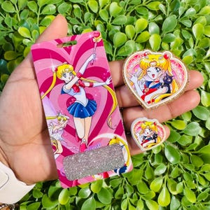 Anime-platta baksida: 3-delat set med badgekompis och akrylfokus, tillbehör till badgespolar.