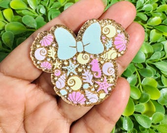 Mouse head mermaid flatback: Set/2 Beach Minnie shape Acrylic, under the sea Flatback, Badge Reel Toppers, Glitter planar resin.
