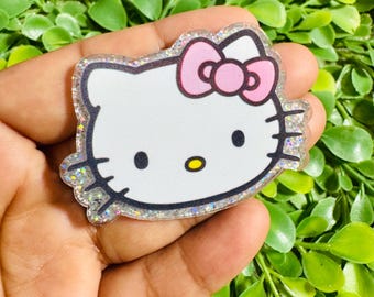 HK Kawaii flatback: Set/2 Kawaii Acrylic charm, Cute Kitty character charm, Kawaii Badge Toppers, Glitter planar resin, Badge reel toppers.