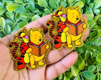 Pooh and Tigger flatback: Set/2 Acrylic Flatback, Badge Reel Toppers, Glitter planar resin, Hair bow Supplies, Glitter planar resin