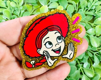 Jessie Cowgirl Acrylic flatback: Set/2 Cartoon Acrylic charm, Badge Reel Topper, Glitter planar resin, Hair bow center.