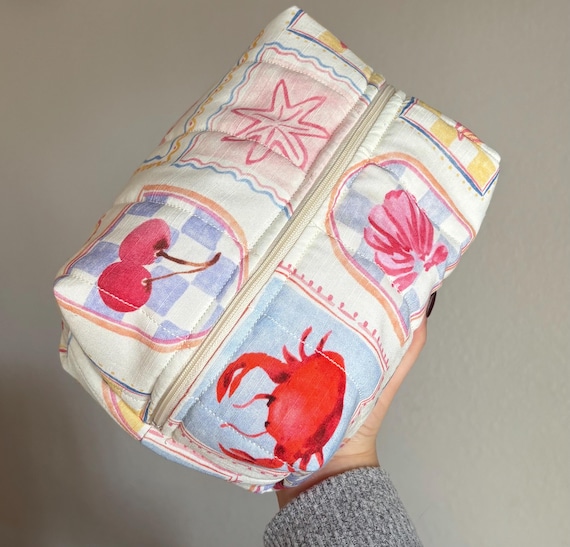 Handmade Quilted Makeup Bag, Coastal Print Toiletry Bag