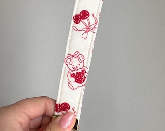 Teddy bear and Cherries Keychain Wristlet, Handmade Cotton Key Fob