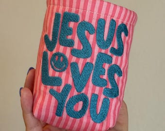 Embroidered Jesus Loves You Cup Koozy, Insulated Drink Sleeve
