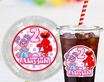 Vasos personalizados de Elmo y Abby para fiestas, 473 ml / Juego de 12 vasos con tapas y pajitas de papel / Recuerdos para fiestas de cumpleaños