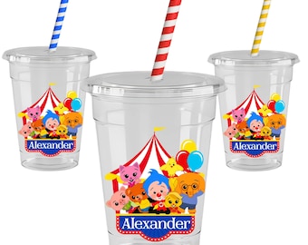 Plim Plim Circus Personalized Party Cups 16 oz | Set of 12 Cups with Lids & Paper Straws | Birthday Party Favors Cup