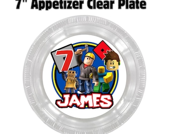 Juego de 12 platos transparentes de Roblox de 18 cm con nombre y edad personalizados, decoración para fiestas