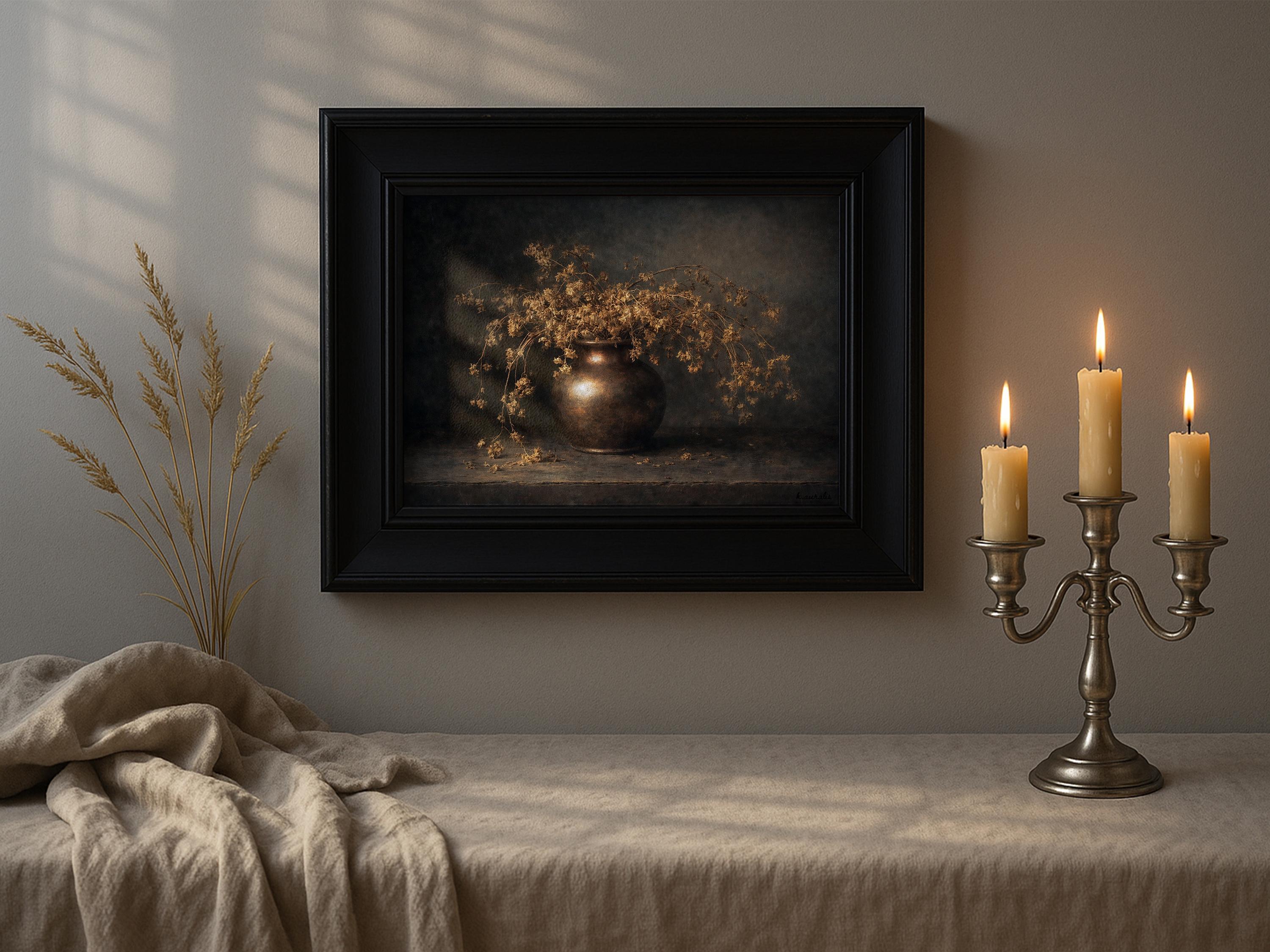 Moody Rustic Still Life Wall Art | Dark Sepia Floral Vase Decor ...