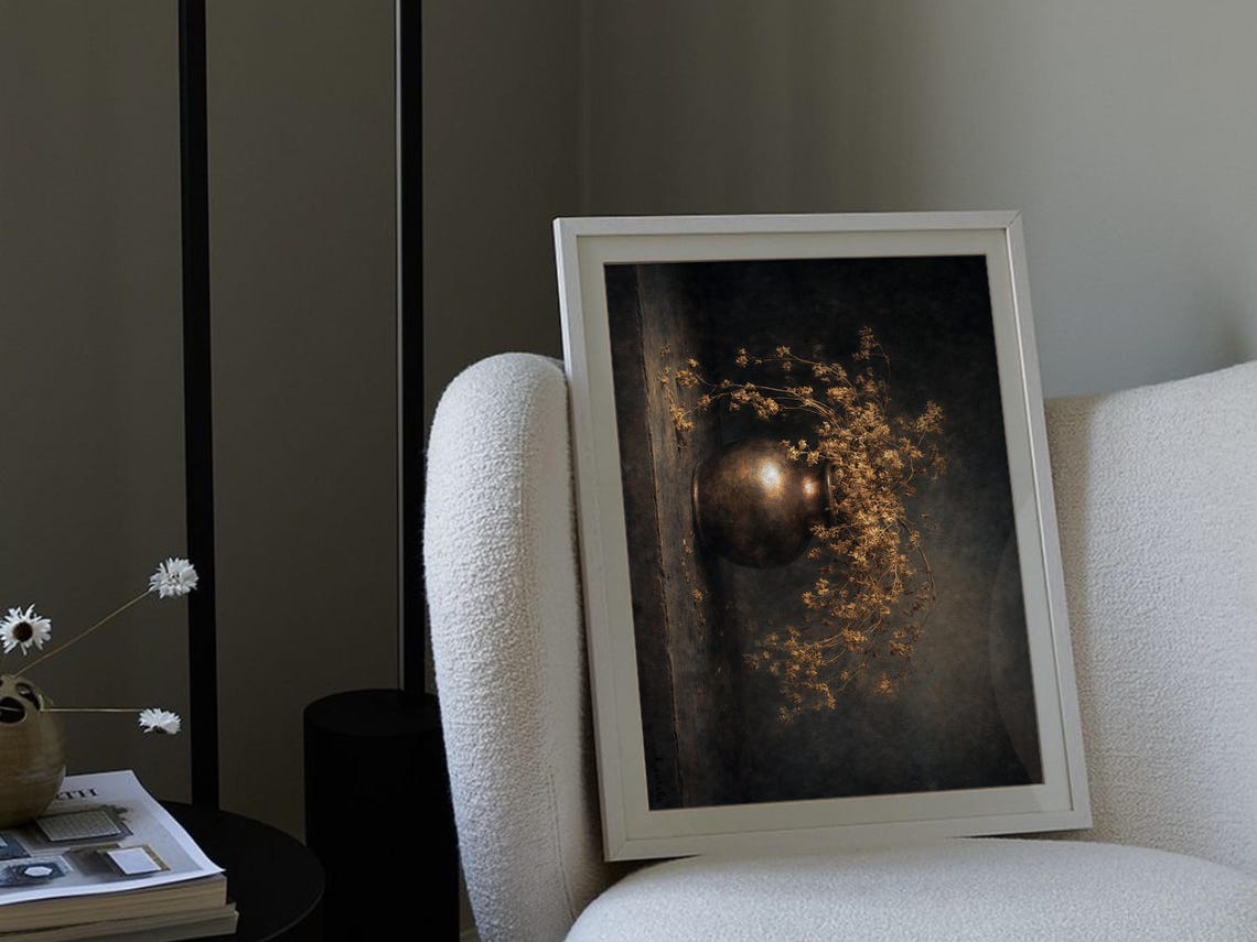 Moody Rustic Still Life Wall Art | Dark Sepia Floral Vase Decor ...