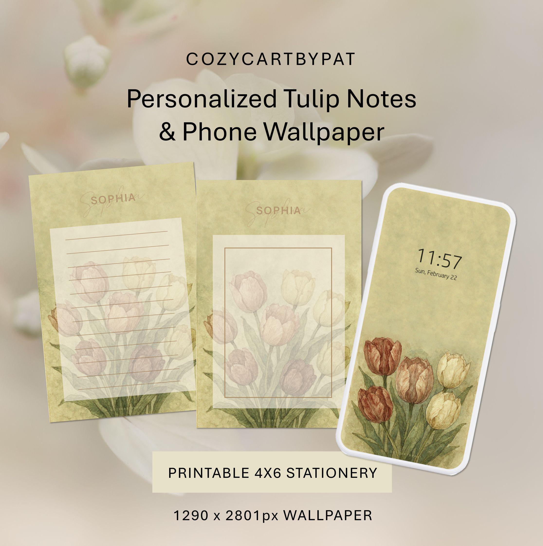 Personalized Tulip Stationery Set + Phone Wallpaper | Watercolor Floral ...