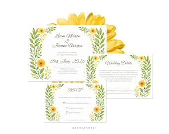 Floral Wedding Invitation Suite | Botanical Greenery, Yellow Orange Flowers (Editable Template)