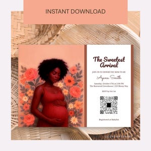 Black Pregnant Woman Baby Shower Invitation QR Code, Sweetest Arrival Melanin Mom to Be Invite Template, Printable Afro Hair Fine Art Card