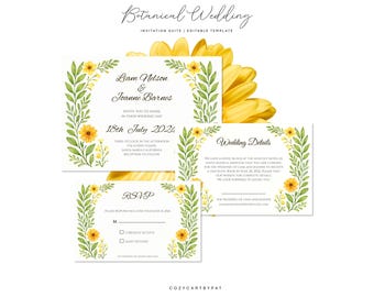 Floral Wedding Invitation Suite | Botanical Greenery, Yellow Orange Flowers (Editable Template)