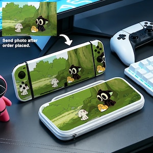 May include: A white and green Nintendo Switch case and console skin featuring a cartoon forest scene with black cat and dog characters. The text "Send photo after order placed" is visible.