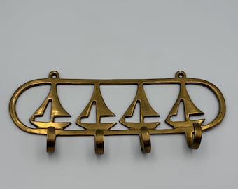 Vintage Brass Sailboat Key Rack, Nautical Wall Hook, Coastal Entryway Organizer