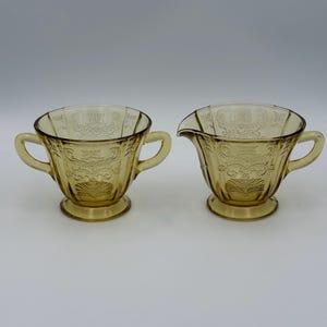 Vintage Federal Glass Madrid Amber Depression Glass Creamer and Sugar Set Open Sugar Bowl Footed Cream Pitcher 1930s