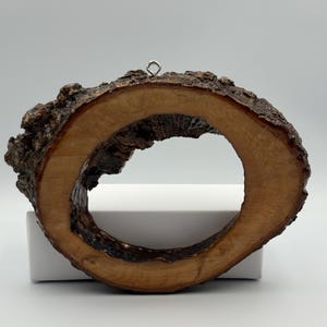 May include: A circular wooden slice ornament with a natural bark edge and a hollow center. The wood features a light brown interior grain and dark, textured bark on the outer perimeter. A small silver metal eyelet is attached to the top edge.