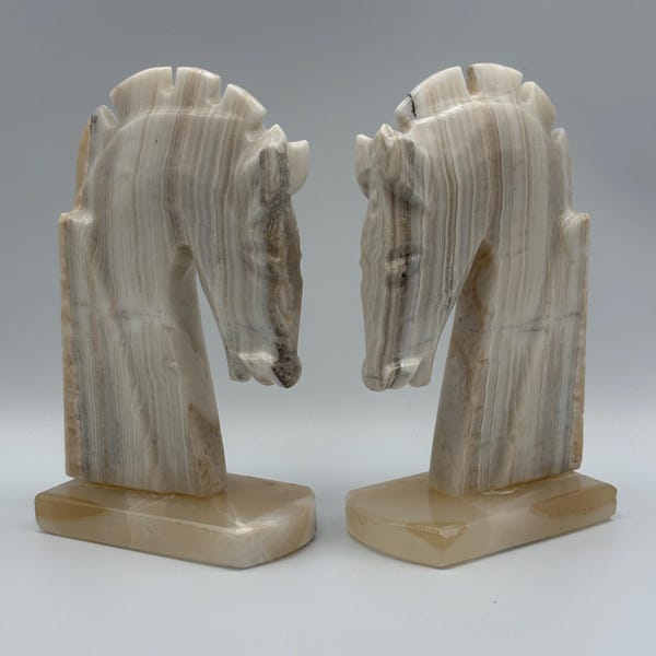 Serre-livres vintage en onyx rubané, tête de cheval, décoration équestre en pierre sculptée, fabriqué au Mexique