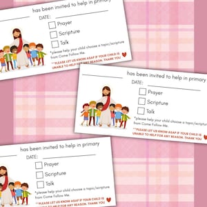May include: Three invitation cards with the text "has been invited to help in primary" and checkboxes for Prayer, Scripture, and Talk. Each card features an illustration of Jesus with children. The background is a pink plaid pattern.