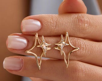 18K Gold Plated Starburst Pave Stud Earrings, Statement Celestial Jewelry for Women, Christmas Gift