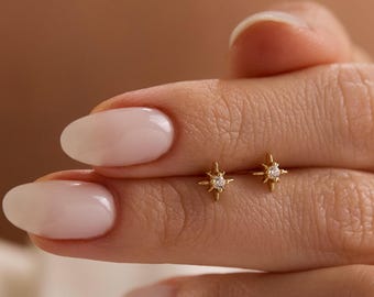 18K Gold Plated North Star Pave Stud Earrings, Celestial Jewelry for Women, Simple Earrings, Minimalist Earrings, Basic Everyday Earrings