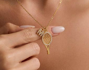 Gold Pave Tennis Racket Pendant Necklace with Initial Charm, Custom Jewelry