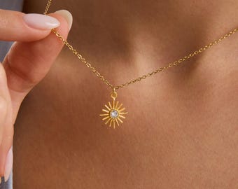 Gold Sun Pendant Pave Necklace, Celestial Jewelry for Women
