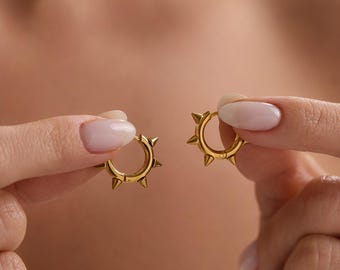 18K Gold Plated Spike Huggie Hoop Earrings, Modern Edgy Jewelry for Women