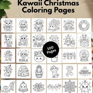 May include: A collection of 100 Kawaii Christmas coloring pages. The black and white illustrations feature festive characters and objects, including Santa Claus, reindeer, snowmen, and ornaments. The pages are designed for coloring.