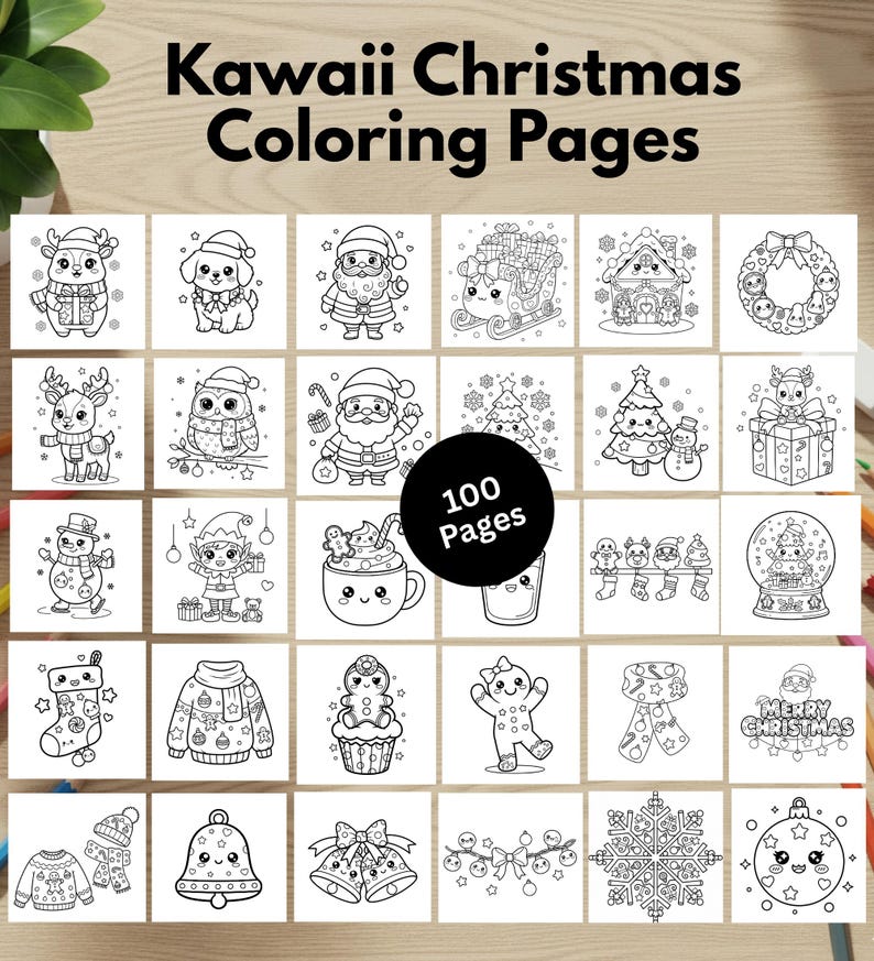 Puede incluir: Un conjunto de 100 p&aacute;ginas para colorear de Navidad Kawaii. Las ilustraciones en blanco y negro presentan personajes y objetos festivos, como Pap&aacute; Noel, renos, mu&ntilde;ecos de nieve y adornos. Las p&aacute;ginas est&aacute;n dise&ntilde;adas para colorear.