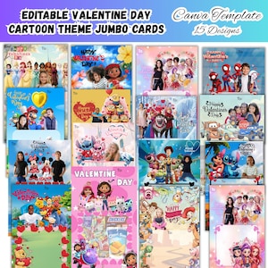 May include: A collection of Valentine's Day jumbo cards with cartoon themes. The cards feature various characters and designs, including Disney princesses, Minions, and Spider-Man. The text "Editable Valentine Day Cartoon Theme Jumbo Cards" is at the top.