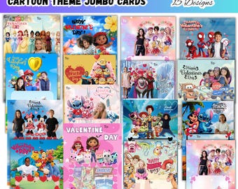 Paquete de 15 plantillas de tarjetas de San Valentín gigantes, paquete gigante de tarjetas de regalo de San Valentín con temática de dibujos animados, tarjetas de regalo de San Valentín editables en Canva para el aula, descarga digital.