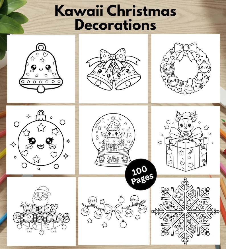 Puede incluir: Libro para colorear en blanco y negro Kawaii Christmas Decorations con 100 p&aacute;ginas. Incluye ilustraciones de campanas, coronas, adornos, bolas de nieve, renos, Pap&aacute; Noel y copos de nieve. El texto "Kawaii Christmas Decorations" est&aacute; en la parte superior.