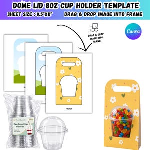 Puede incluir: Una plantilla digital para portavasos con tapa de cúpula de 8 oz, tamaño 8.5 x 11 pulgadas. El diseño presenta un fondo amarillo con flores blancas y corazones verdes, incluyendo un recorte para un vaso de plástico transparente con dulces.