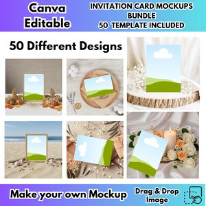 May include: An invitation card mockups bundle with 50 different designs. The image shows various mockups with invitation cards, including cards on a wooden slice, on sand, and with floral arrangements. The text includes "Canva Editable" and "Make your own Mockup".