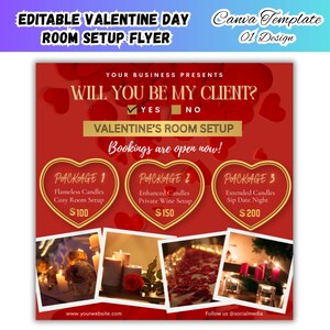 May include: A red Valentine's Day room setup flyer with heart accents. The flyer offers three packages: Cozy Room Setup, Private Wine Setup, and Sip Date Night. Text includes "Will You Be My Client?" and "Bookings are open now!"
