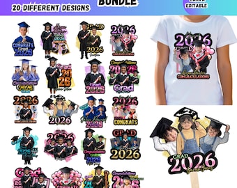 20 Kinder Graduierung T-Shirt & Graduierung Paddel Fan, Canva Bearbeitbar Pre-K bis Grundklasse von 2026, Kindergarten graduierte Bootleg Shirt DIY