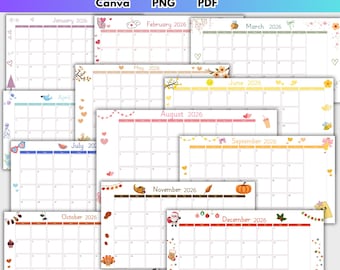 2026 Kalender Monatsplaner Landschaft Elegant 12 Monate Kalender Wandkalender Druckbare PDF PNG Canva Bearbeitbar Neujahr 2026 Planer Seite